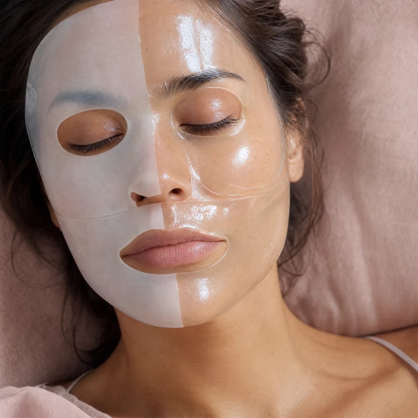 The mask mid-transition — still opaque on one half of the face, already fully transparent on the other